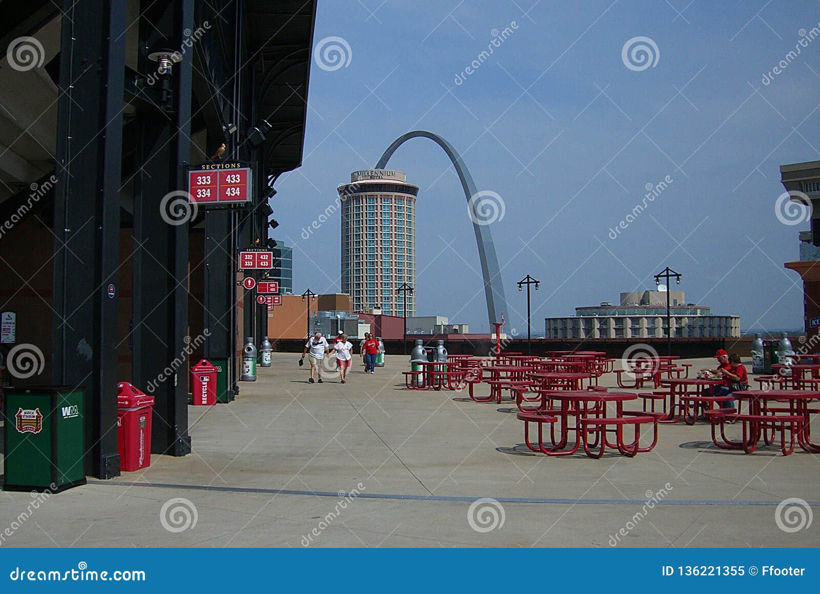 St. Louis Cardinals neon sign with downtown from Busch Stadium