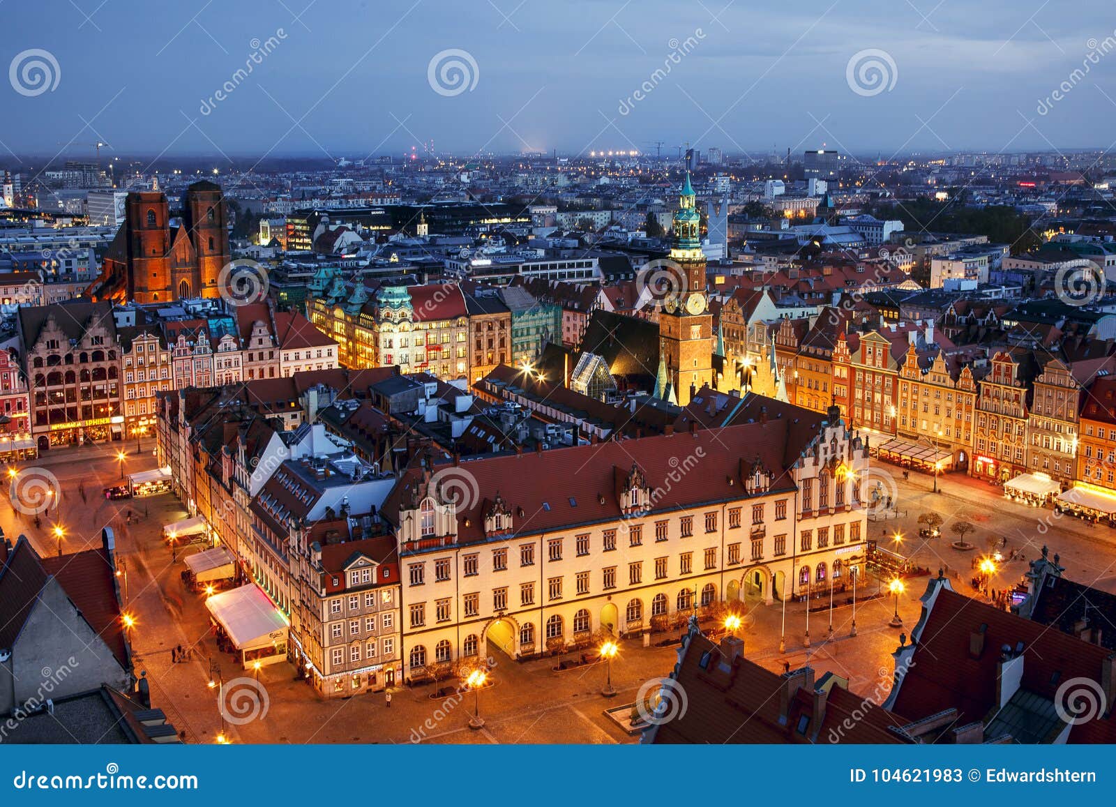 city of wroclaw in poland, old town market square from above.