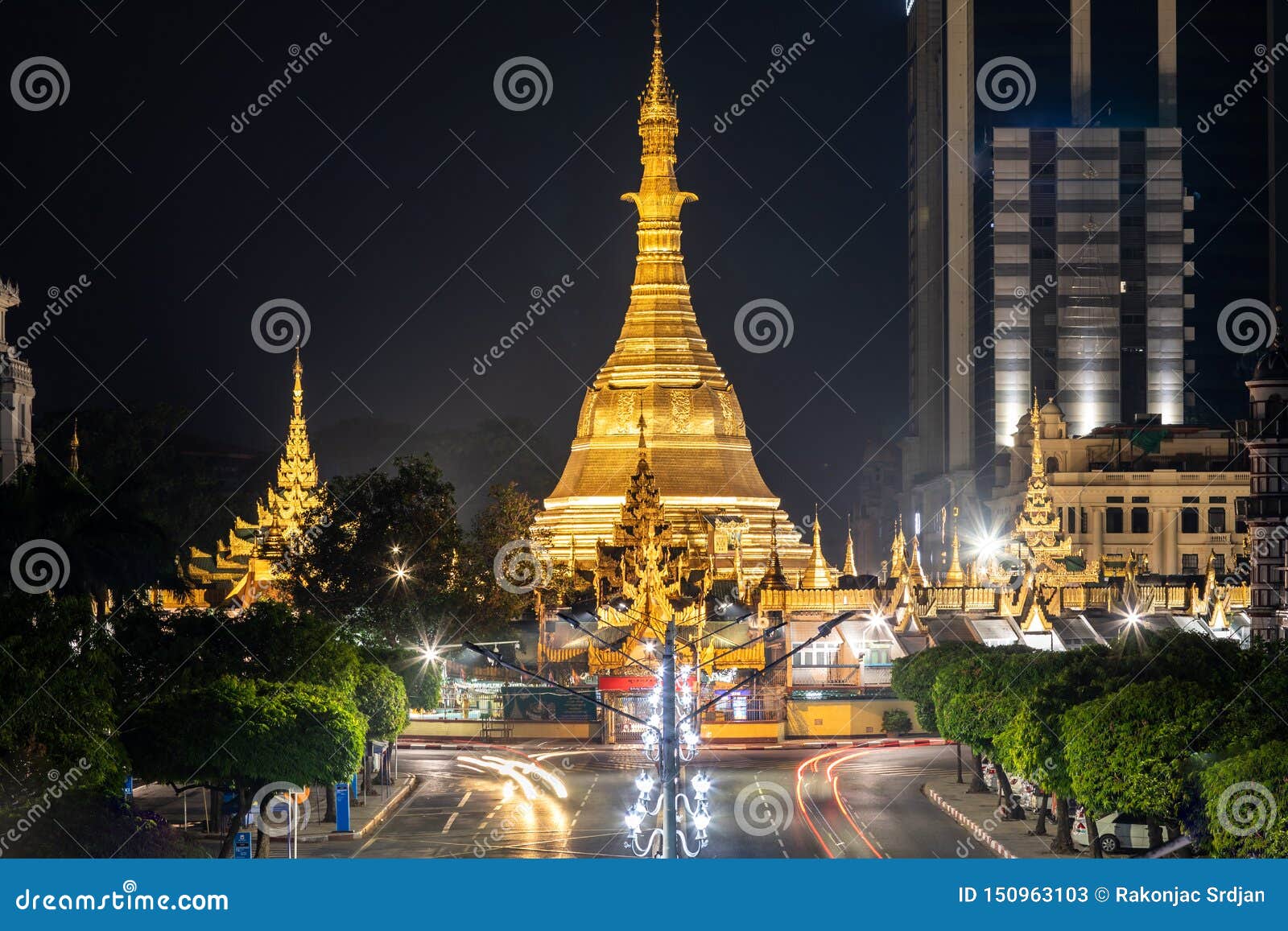 Yangon Downtown with Famous Sula Pagoda at Night. Stock Image Image of historic, ancient
