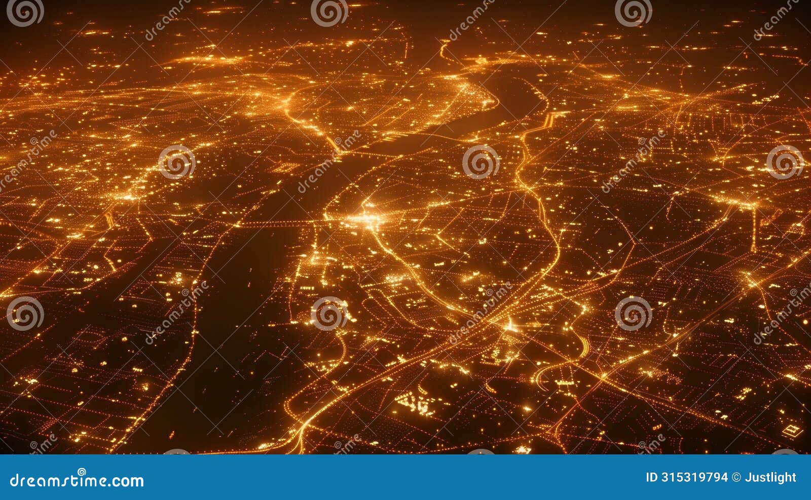 with the citys bright lights out of focus the rivers and highways appear as a web of glowing pathways leading towards