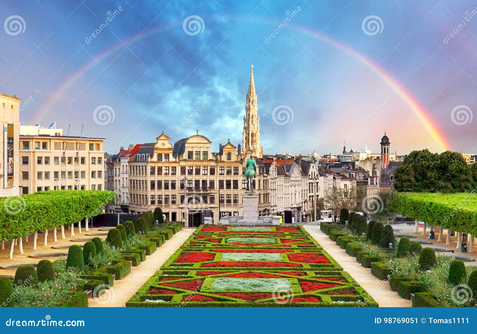 cityscape of brussels with rainbow, belgium panorama skyline