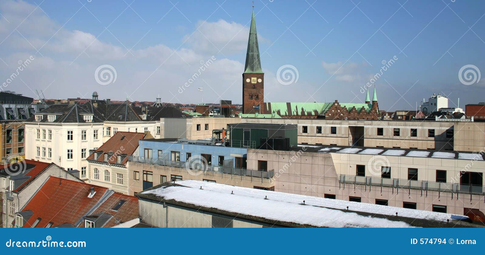 Cityscape church tower. Cityscape of aarhus in denmark with church spire and roof tops