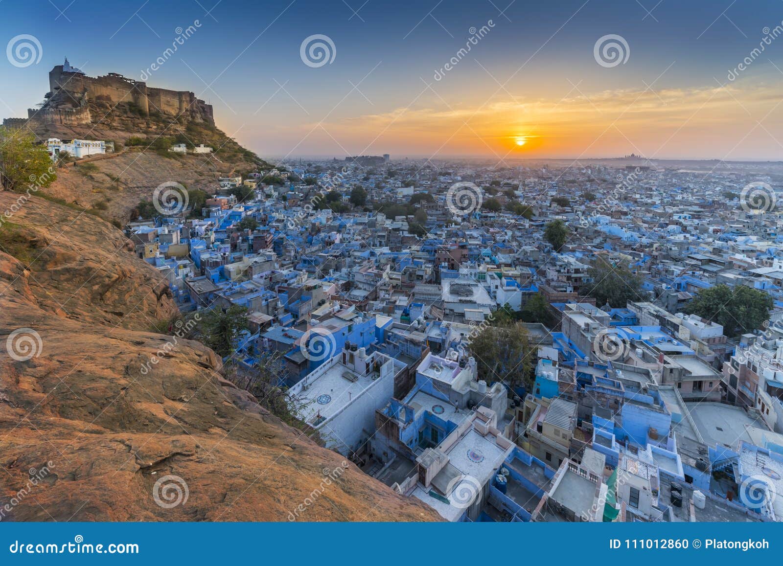 cityscape of jodhpur at sunrise in rajasthan, india.