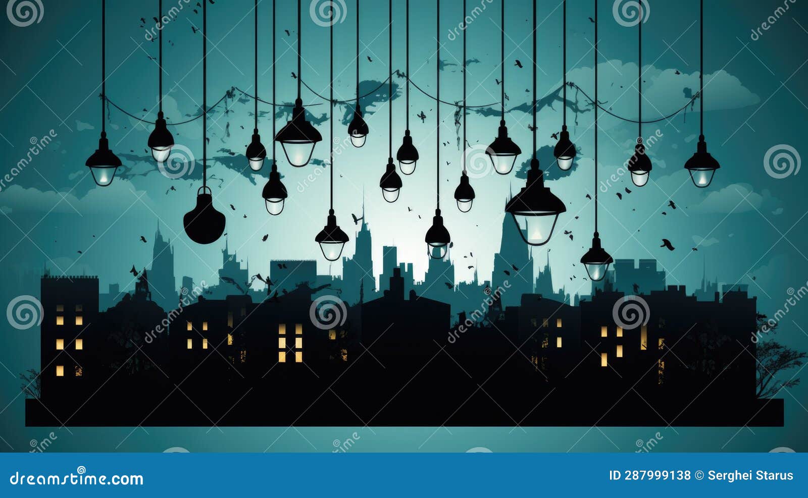 A Cityscape with Many Hanging Lamps and Lights, AI Stock Illustration ...