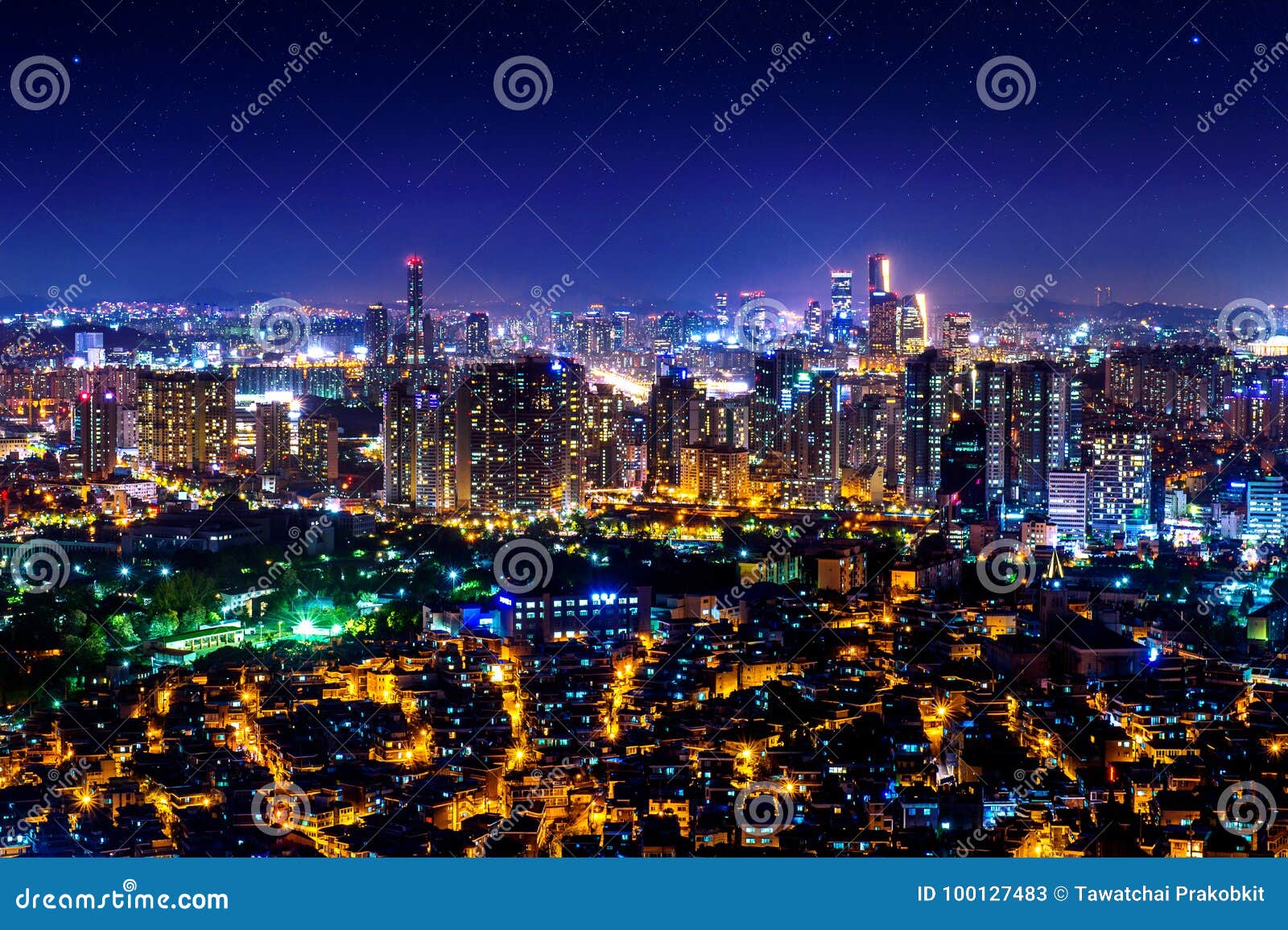 cityscape at night in seoul, south korea