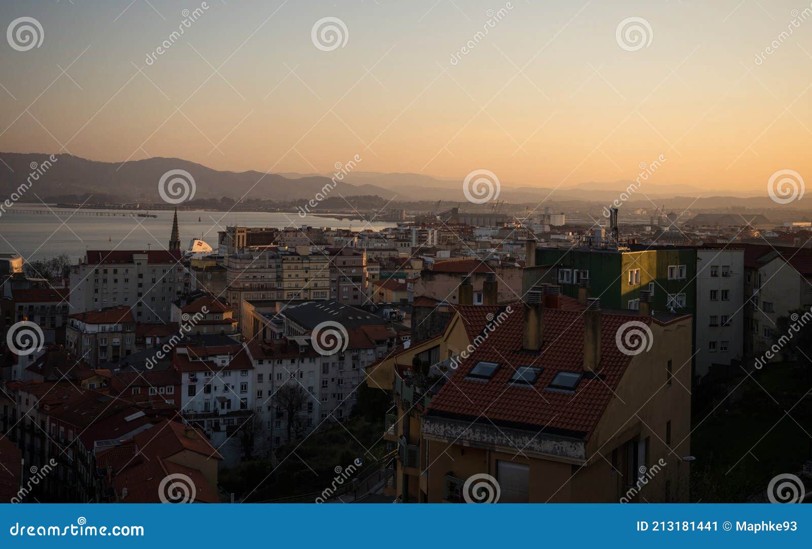 cityscape panorama sunset skyline of colorful houses buildings urban architecture in santander cantabria spain europe