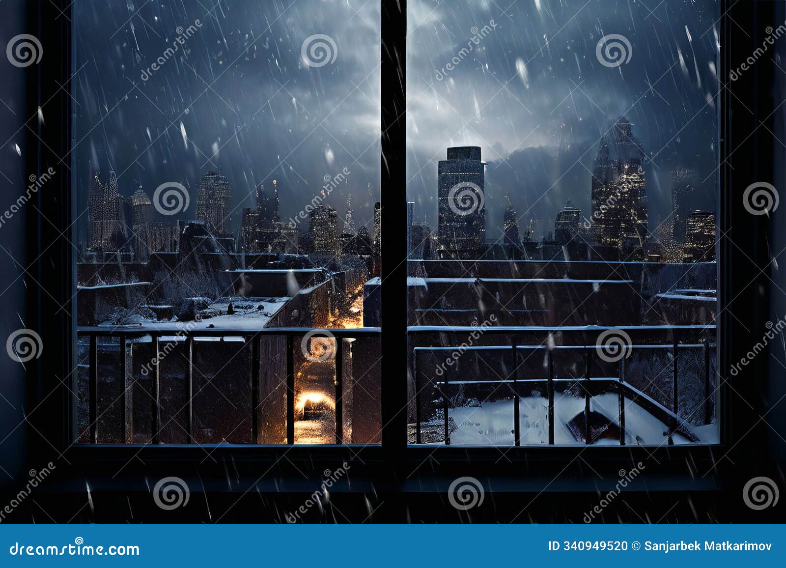 cityscape with rain and snow a window showing a cityscape with r