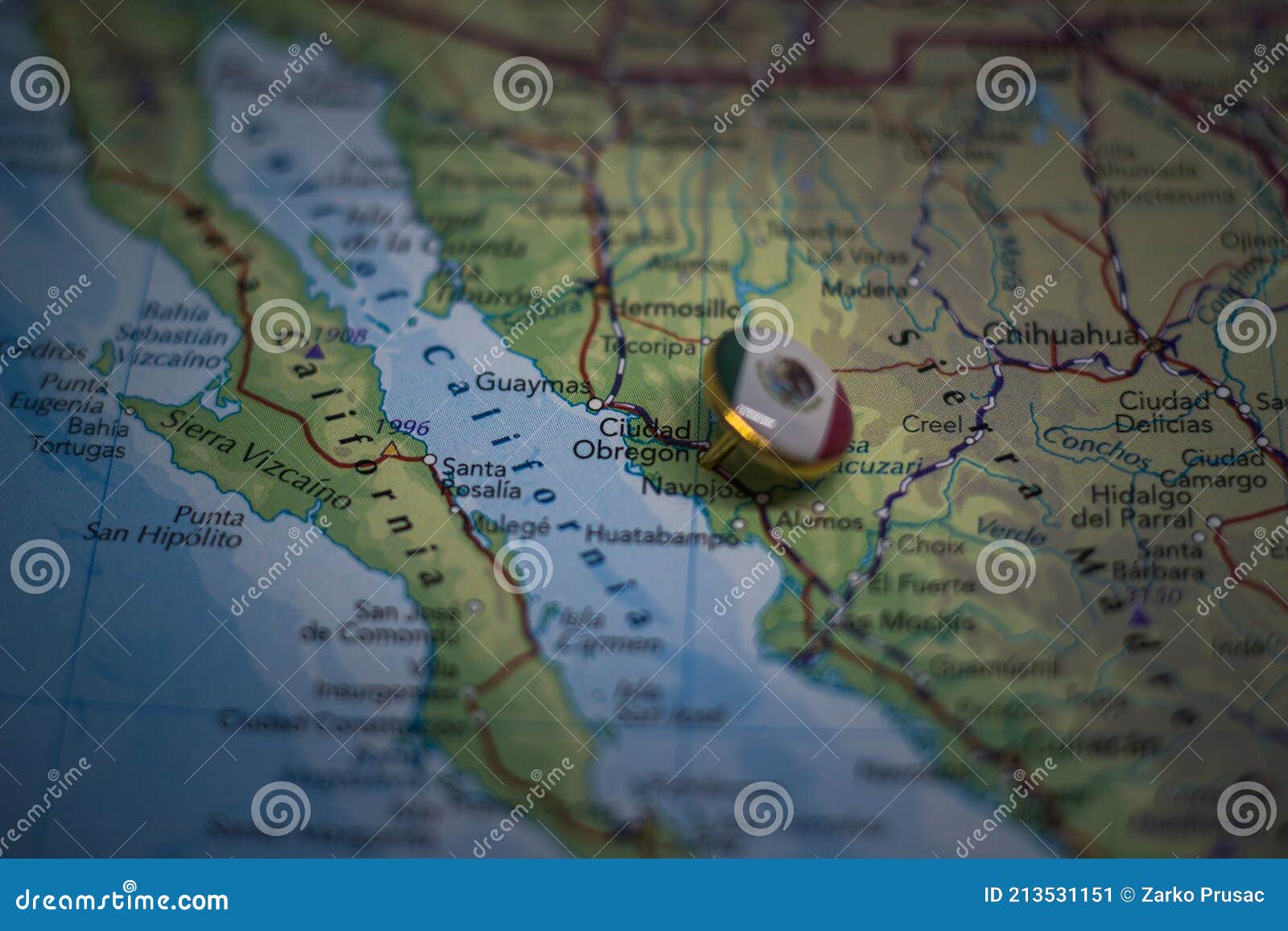 ciudad obregon pinned on a map with the flag of mexico