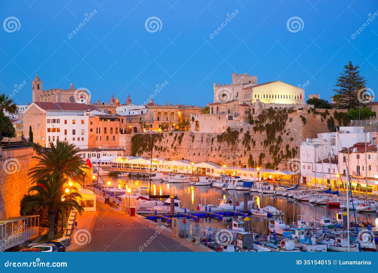 ciutadella menorca marina port sunset town hall and cathedral