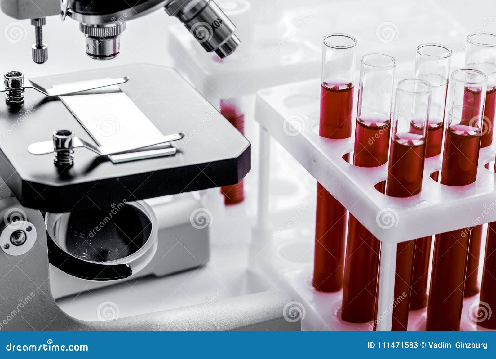 Ciérrese encima del microscopio macro con la muestra de sangre, tubos en el fondo blanco