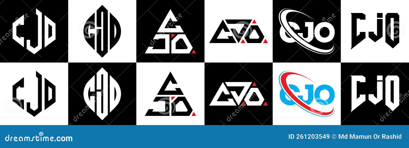 cjo letter logo  in six style. cjo polygon, circle, triangle, hexagon, flat and simple style with black and white color