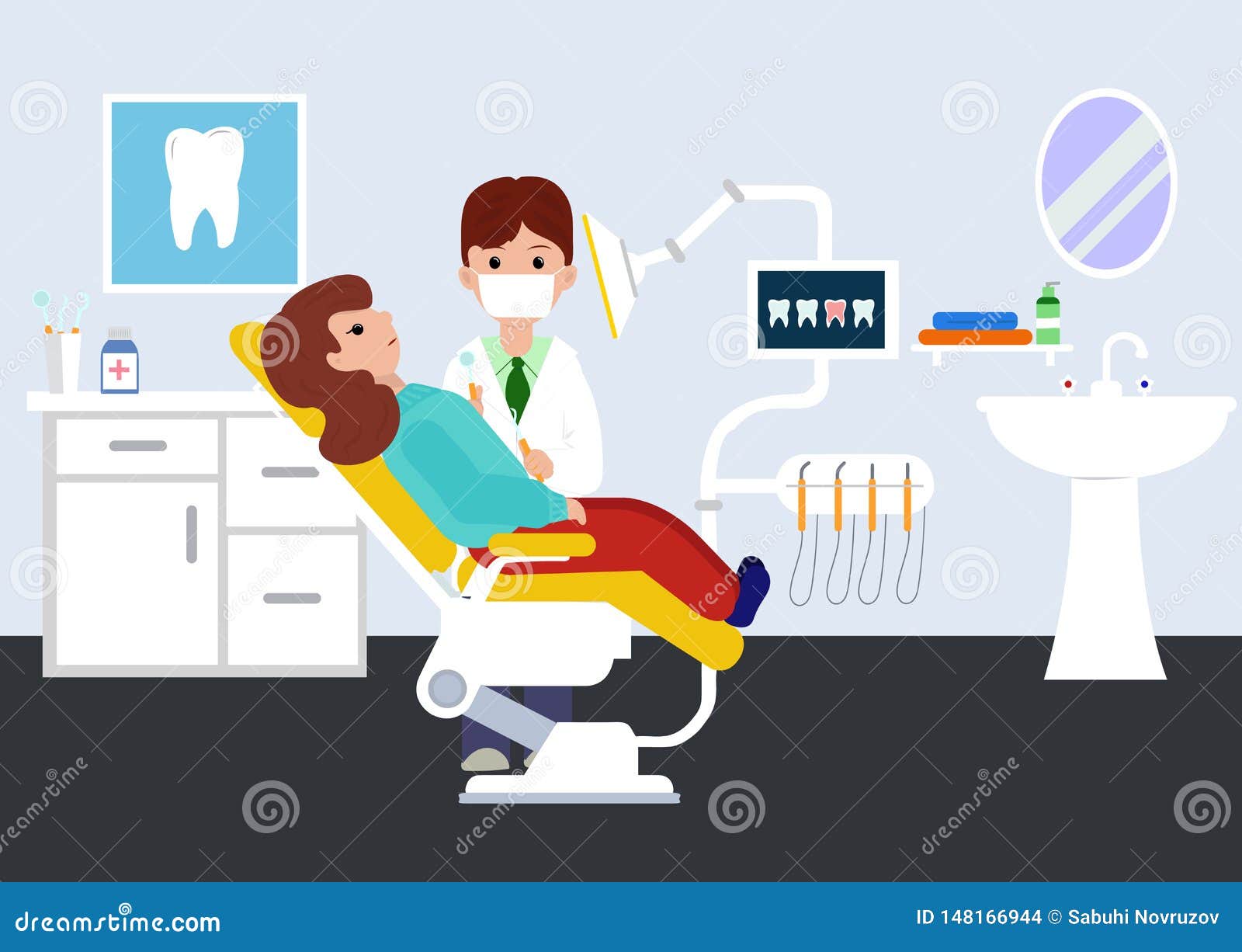 Dental Clinic with Doctor and Patient. Dental Clinic. Woman Visiting the  Dentist with Toothache Ilustración del Vector - Ilustración de alegre,  oral: 148166944