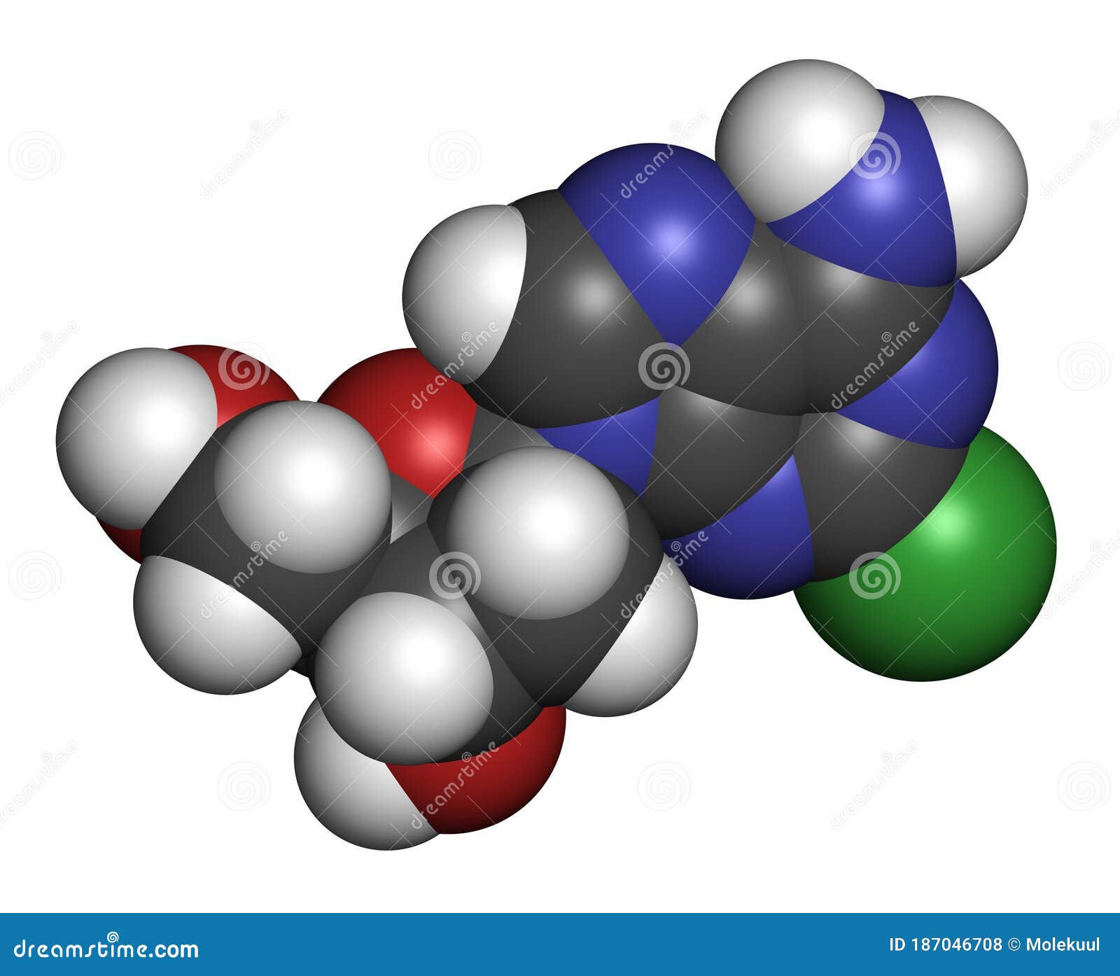 cladribine cancer drug molecule. atoms are represented as spheres with conventional color coding: hydrogen (white), carbon (grey