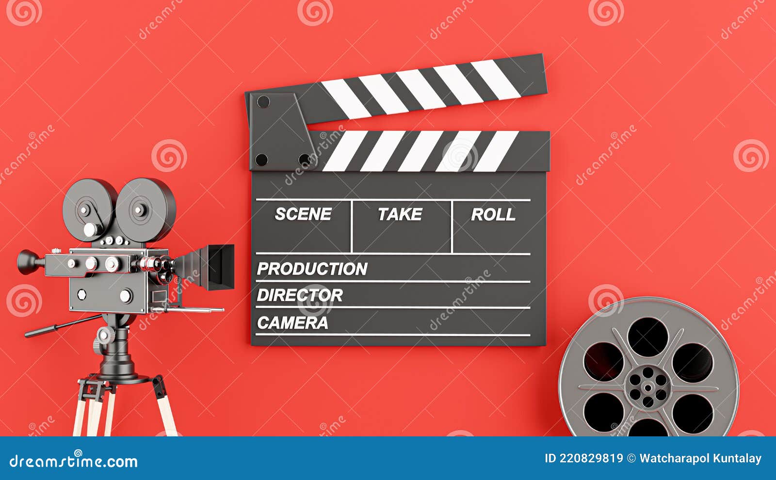 Clapper Board with Reel Film,retro Movie Camera for Cinema Concept