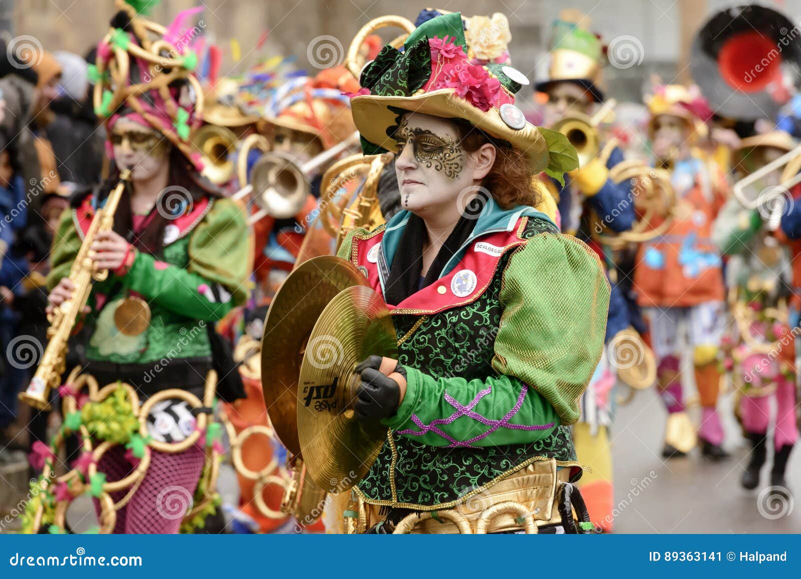 Clash Cymbals Player in Colorful Marching Band at Carnival Parade ...