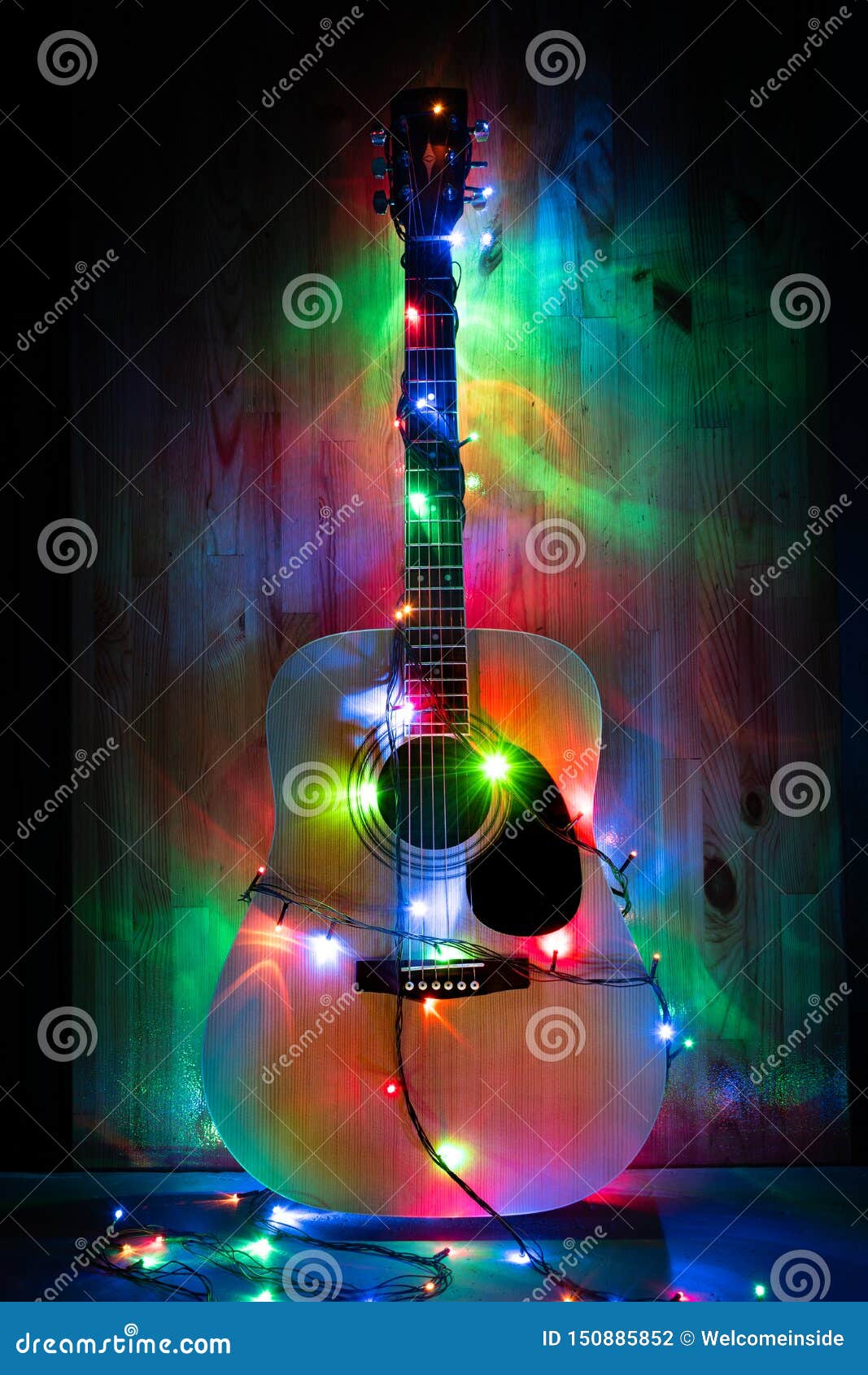 Classic Acoustic Guitar in Christmas Lights Stock Photo Image of