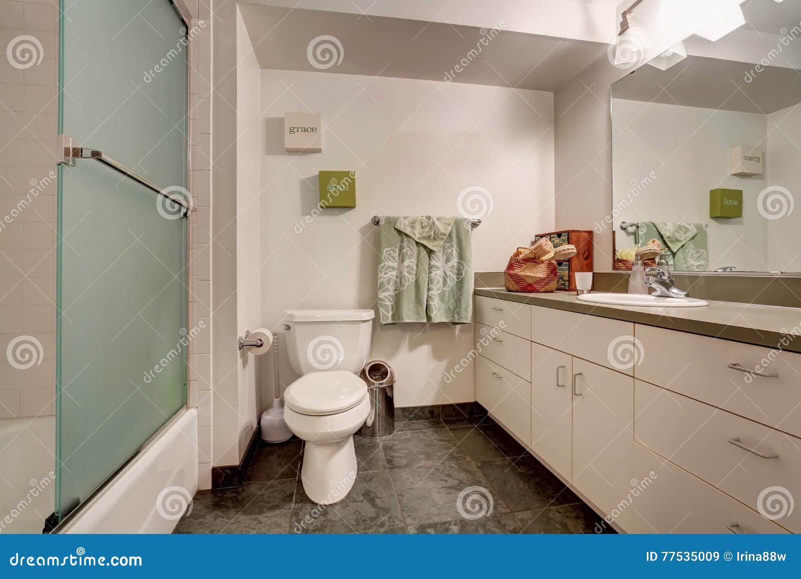 Classic American Bathroom Interior With White Vanity Cabinet Stock