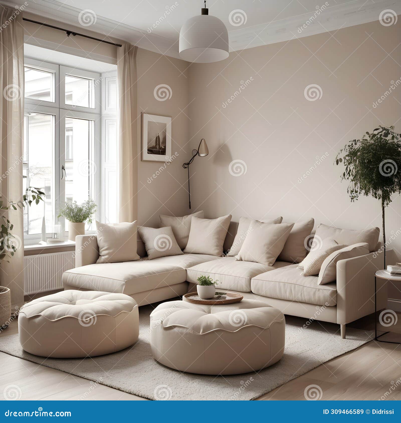 a classic apartment with a beige corner sofa and poufs