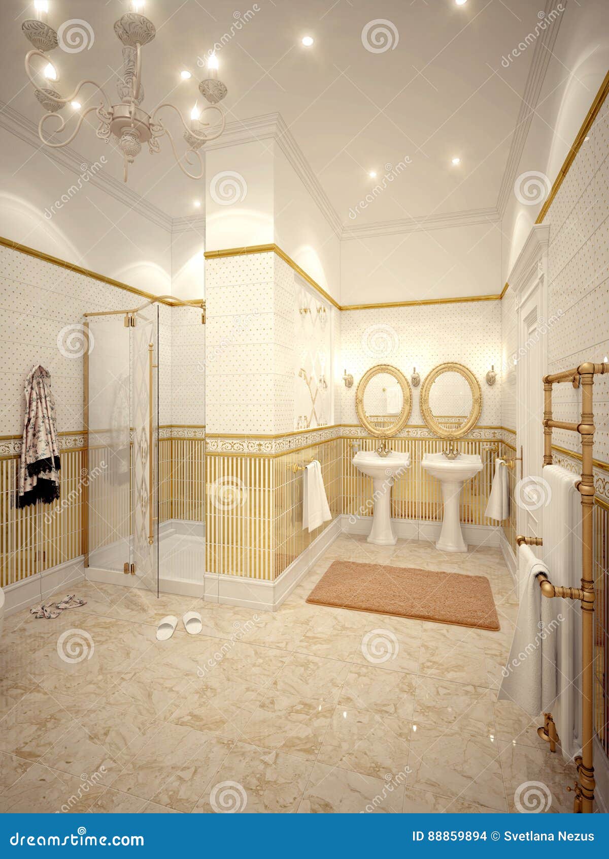 Classic Bathroom Interior Design with Gold and Beige Tiles Stock
