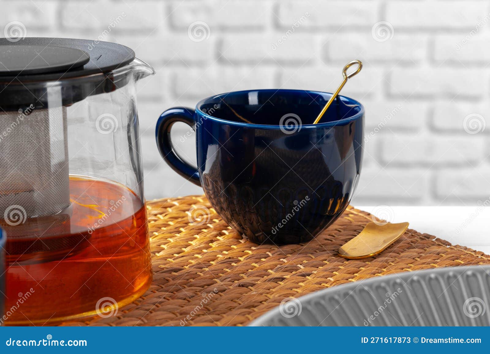 Classic Blue Empty Ceramic Tea Cup on Kitchen Table Stock Image Image
