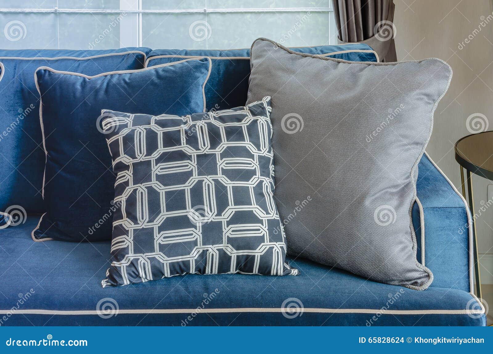 Classic Blue Sofa with Pillows in Living Room Stock Photo Image of