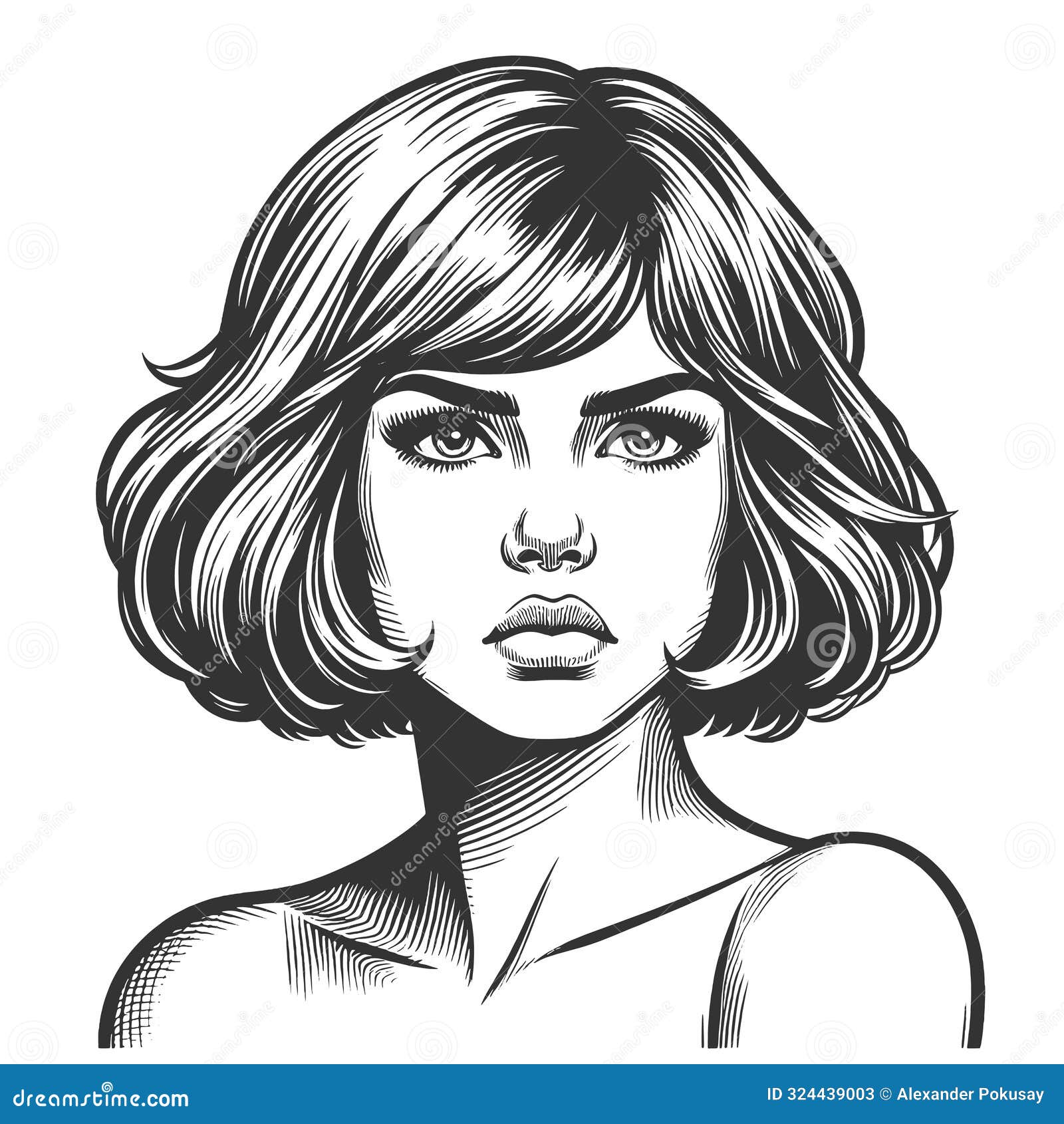 Classic Bob Haircut Woman Engraving Raster Stock Illustration