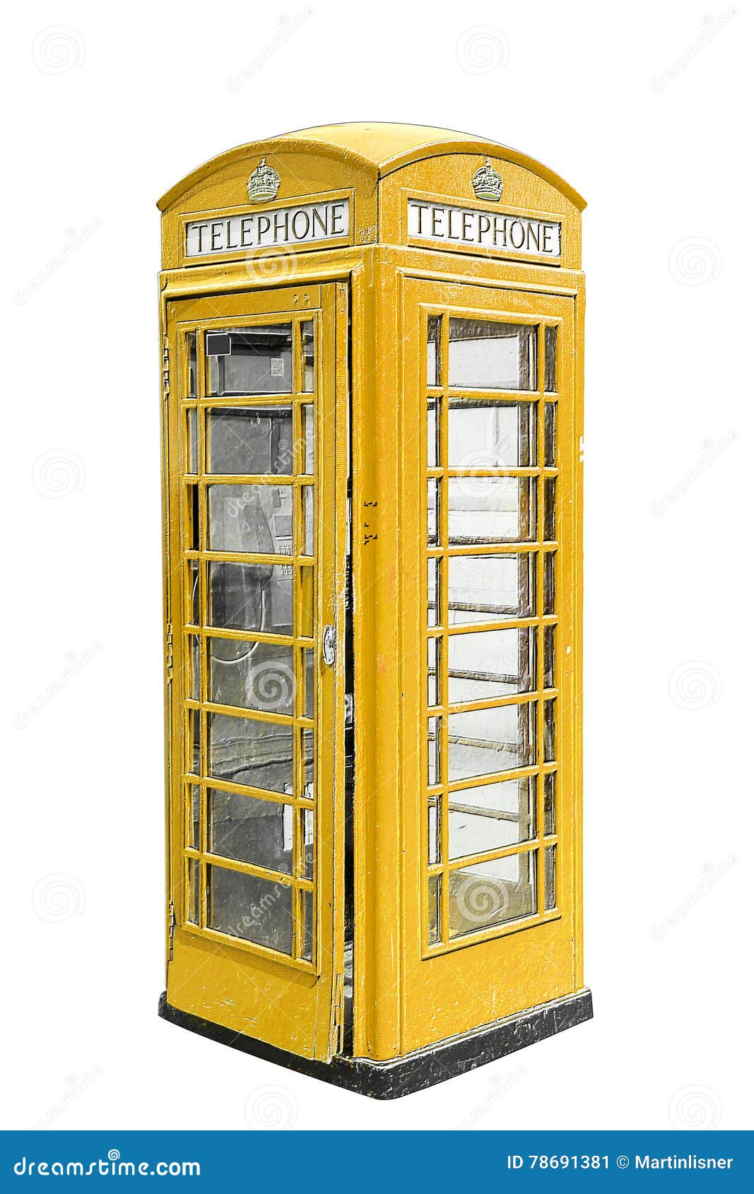 Classic British Yellow Phone Booth In London Uk Isolated Stock