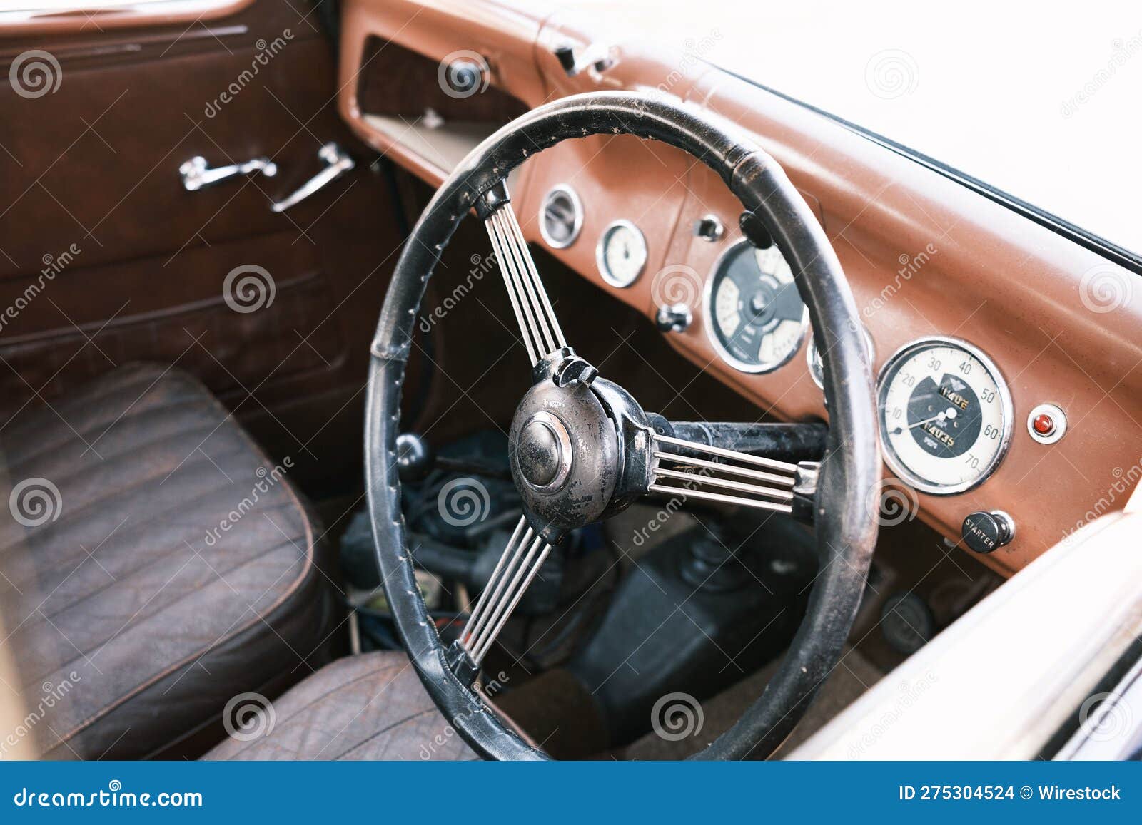 Classic Car with Its Old Steering Wheel, Control Panel, and Dashboard
