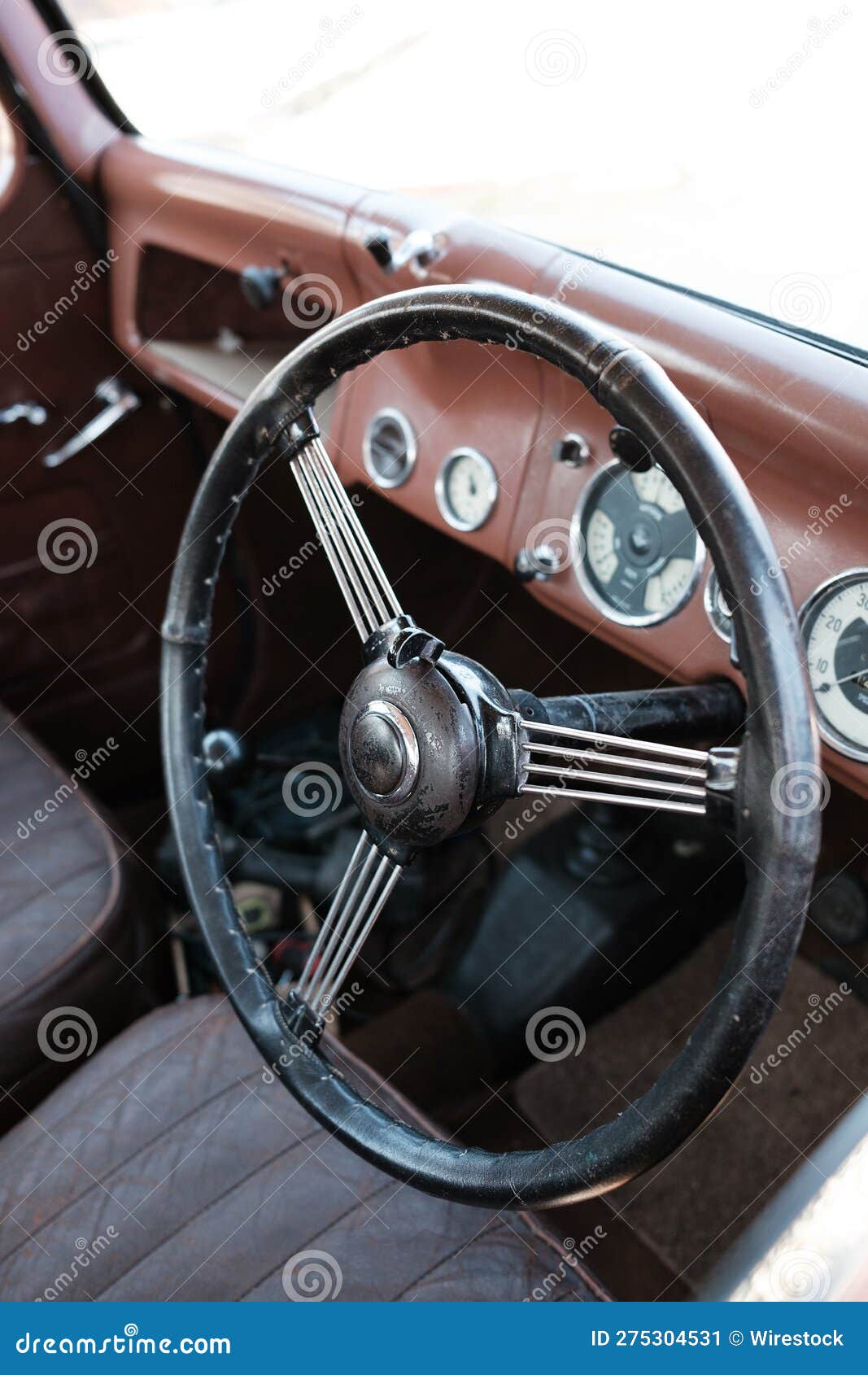 Classic Car with Its Old Steering Wheel, Control Panel, and Dashboard. Stock Image Image of