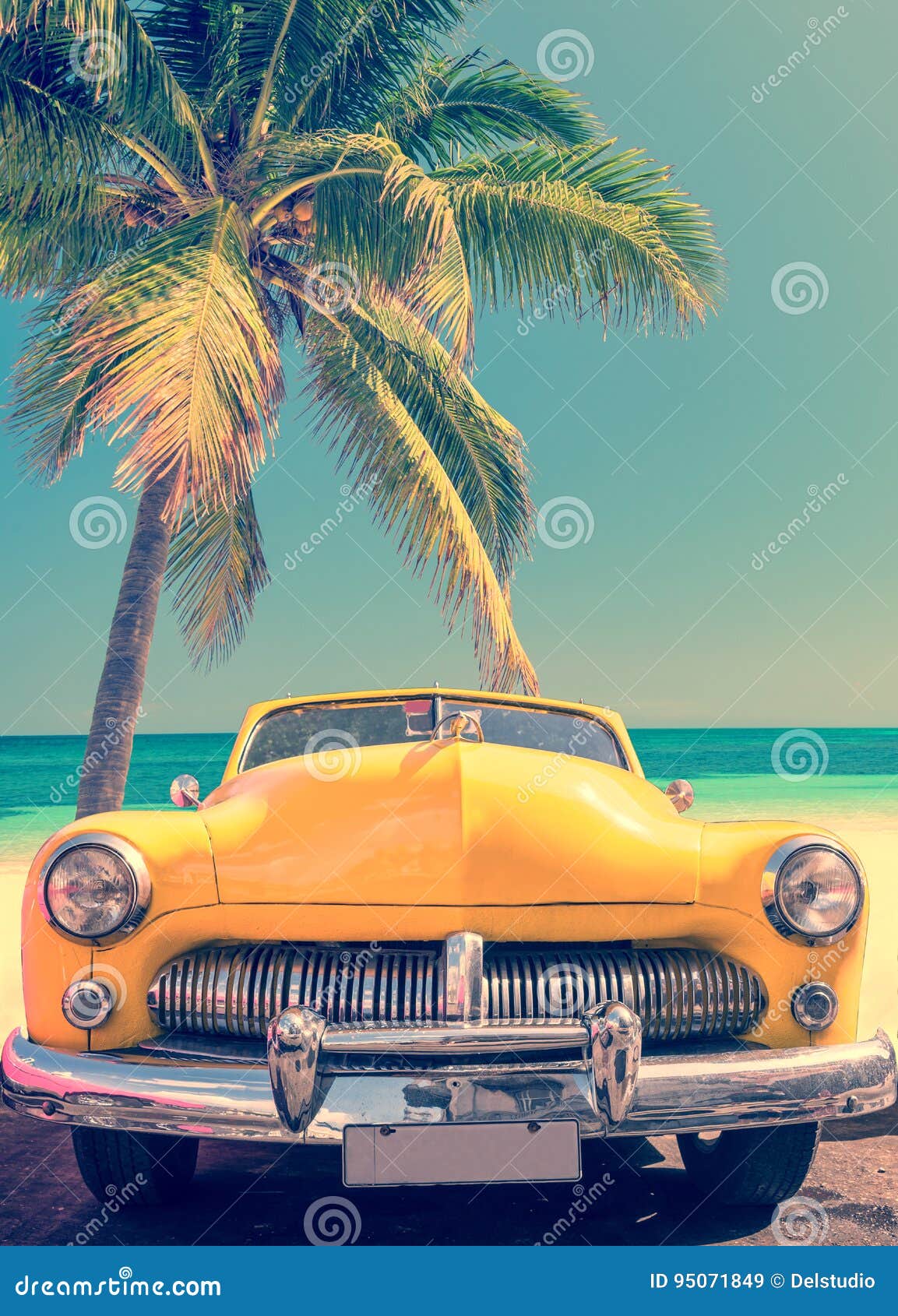 Classic Car on a Tropical Beach with Palm Tree, Vintage Style Stock