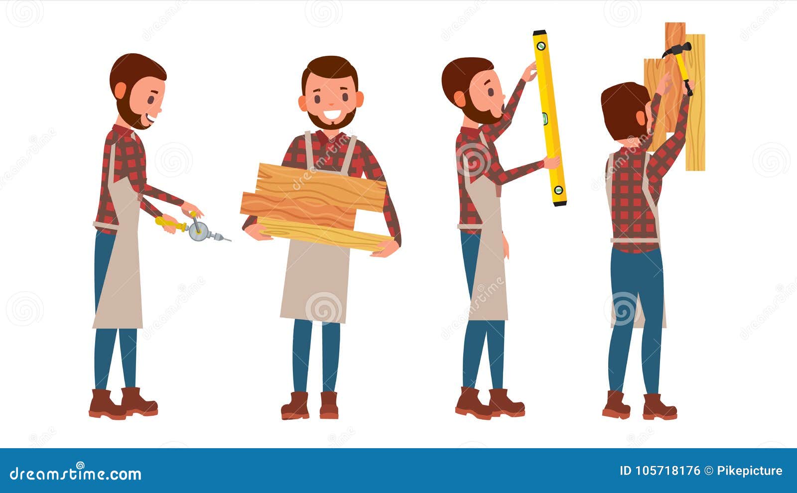 Classic Carpenter Vector. Joiner, Foreman, Engineer. Flat Cartoon