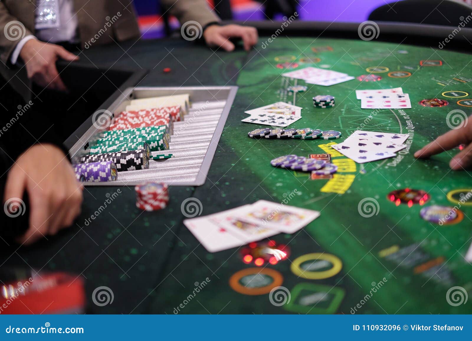Classic Casino Blackjack Table with Chips and Cards Stock Photo Image