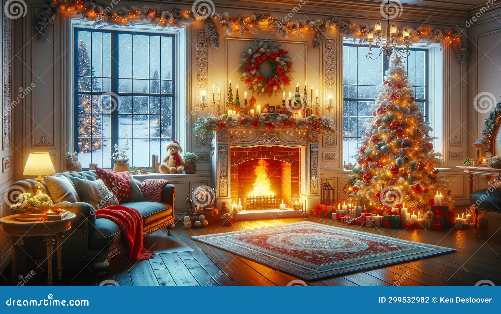 Classic Christmas Living Room with a Roaring Fireplace and Snow Falling ...