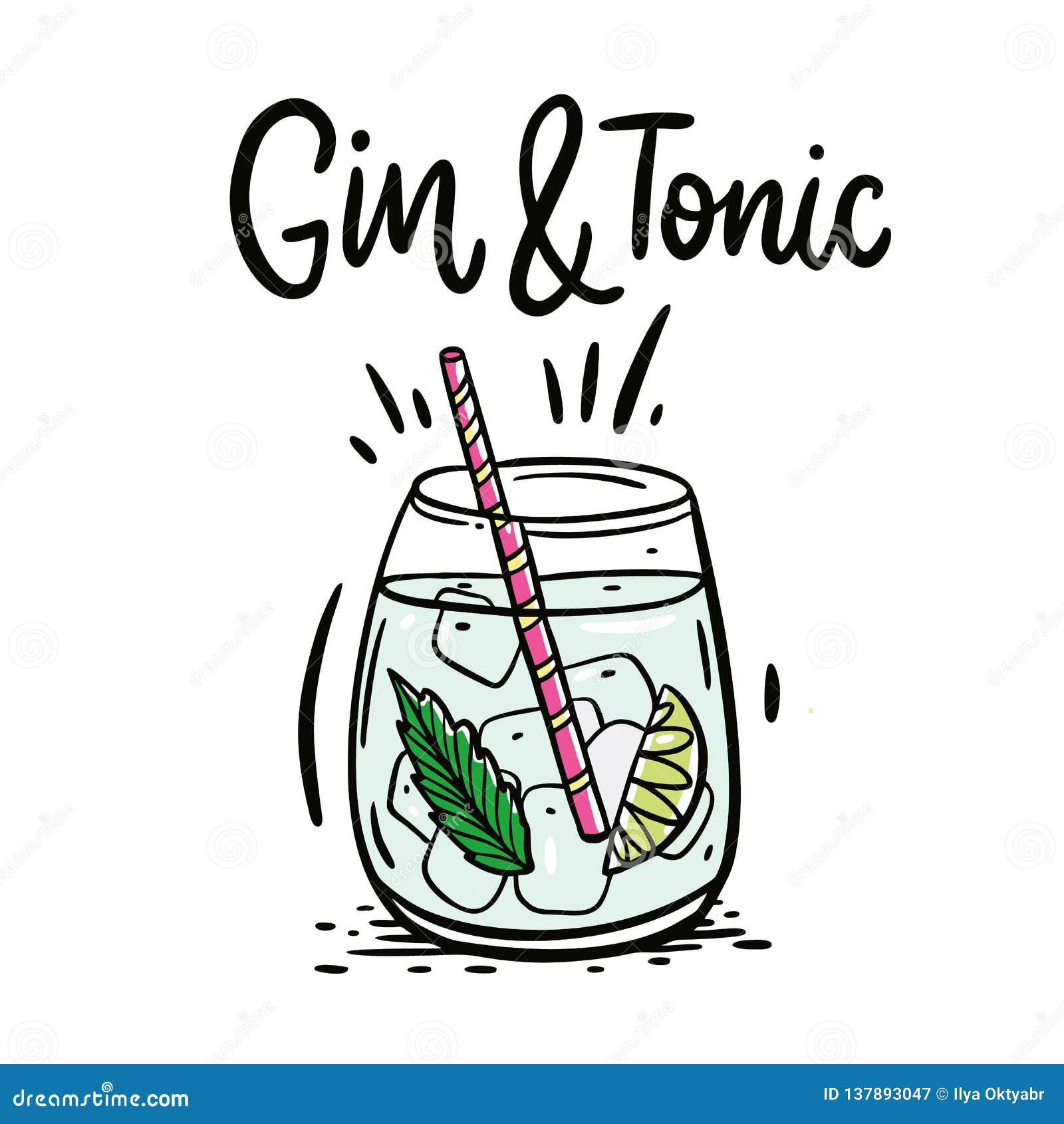 Classic Cocktail Gin and Tonic. Hand Drawn Vector Illustration and