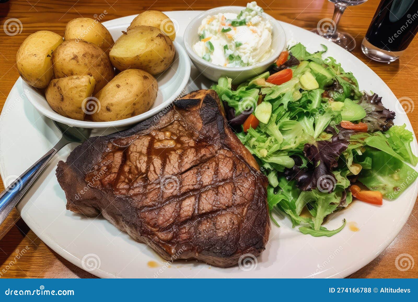 Classic Dinner of Steak, Baked Potato, and Green Salad Stock Photo