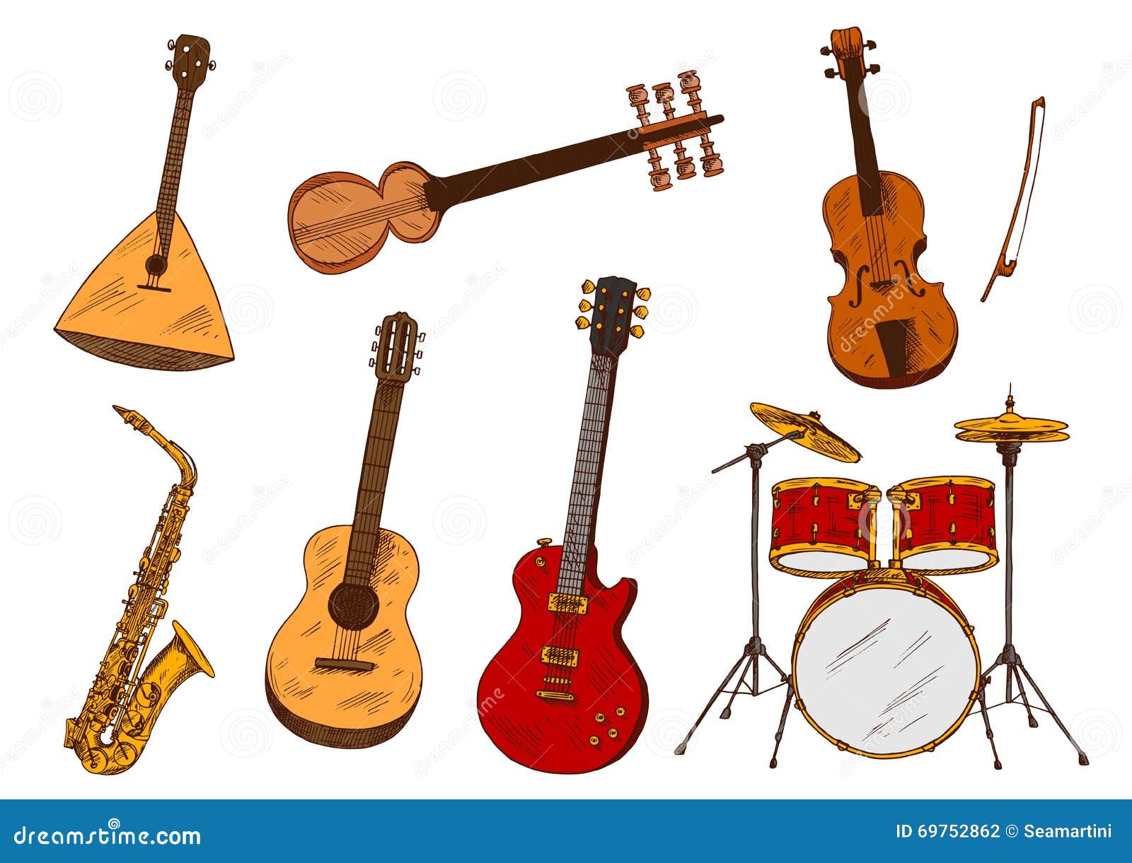 Classic and ethnic musical instruments sketches with drum set and saxophone, electric and acoustic guitars, violin, indian sarod and balalaika. Music, art festival poster or concert themes