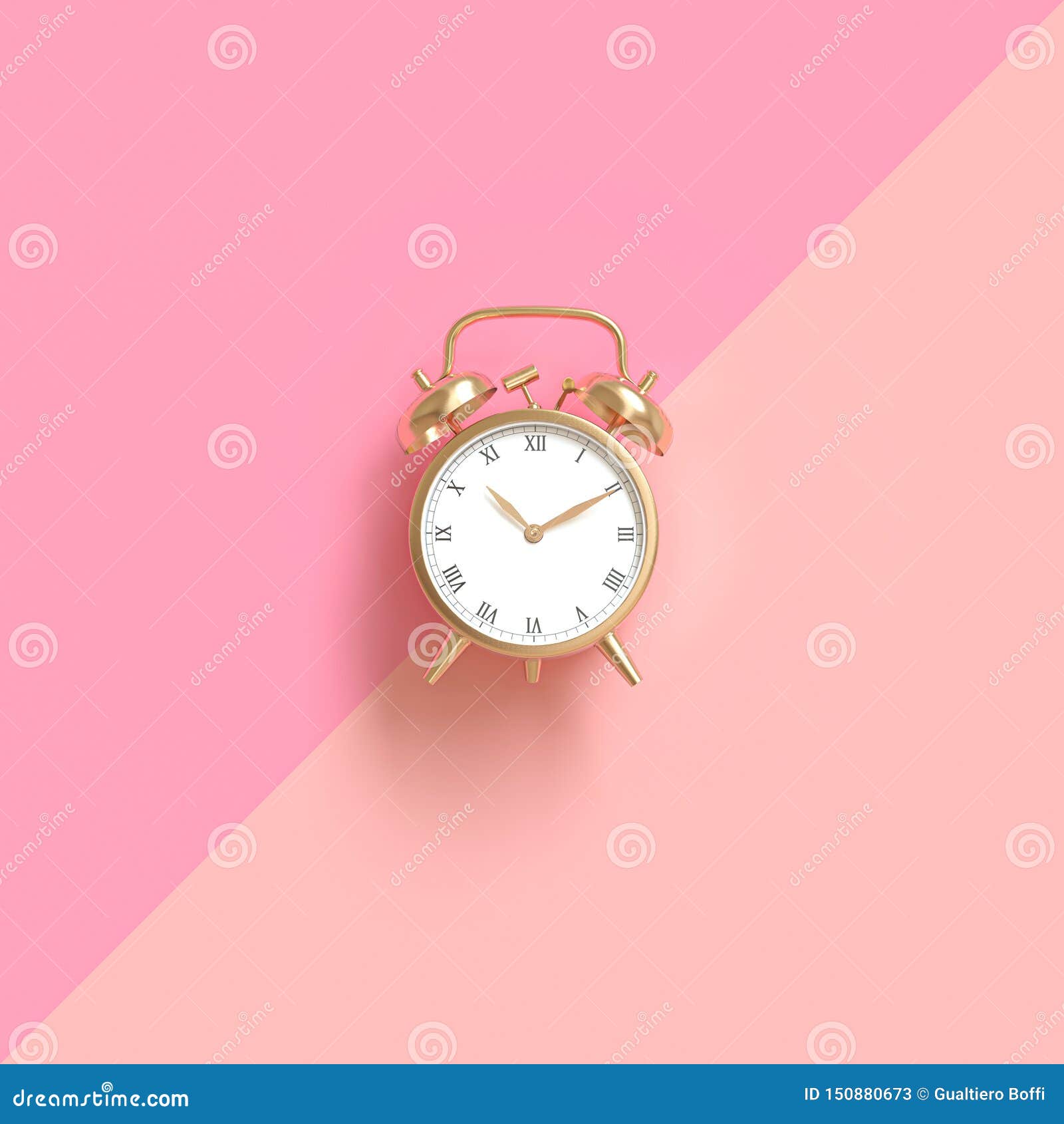 Classic Goldcolored Alarm Clock on a Twotone Pink Background Stock