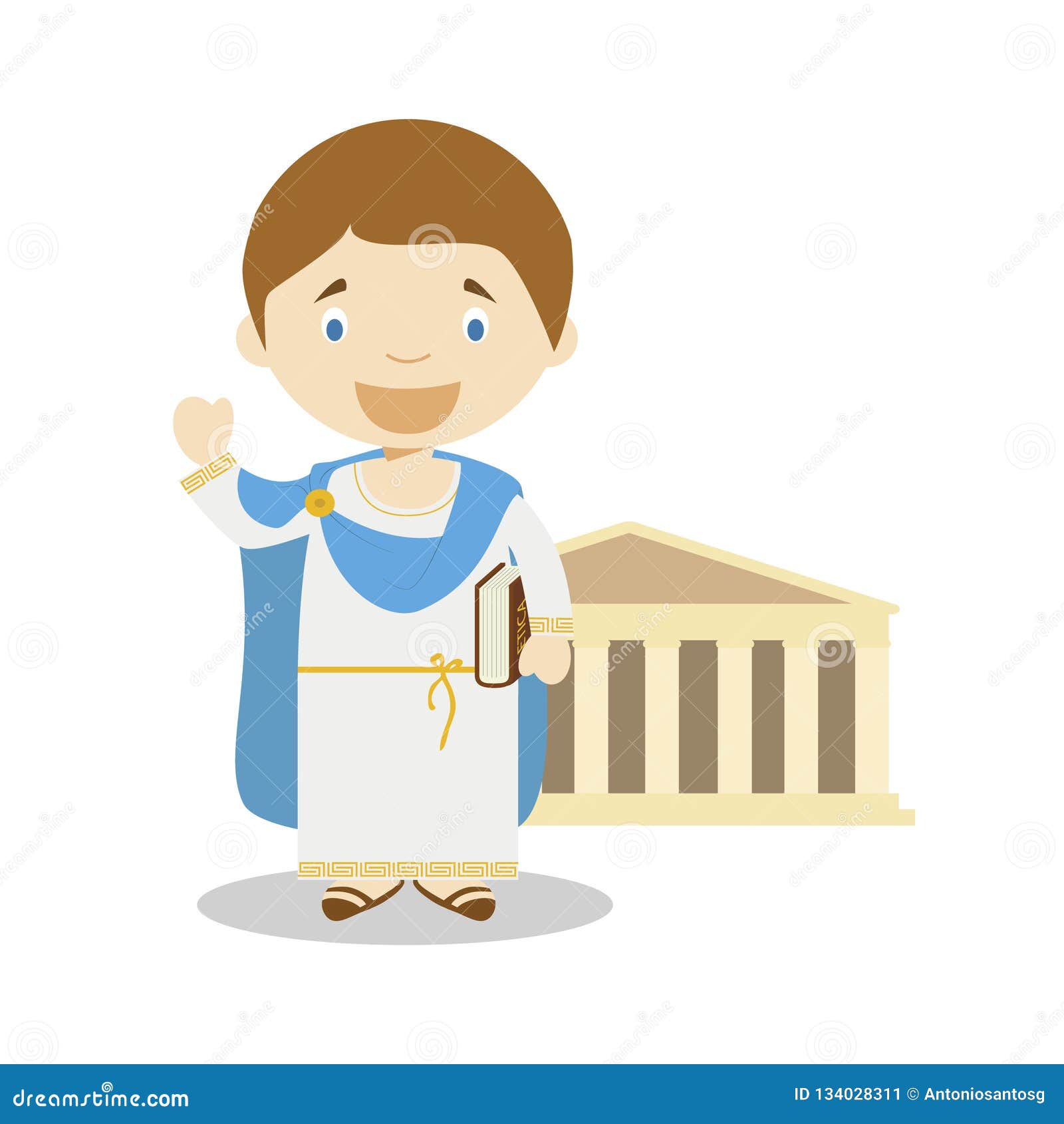 Classic Greek Cartoon Character with Parthenon. Vector Illustration