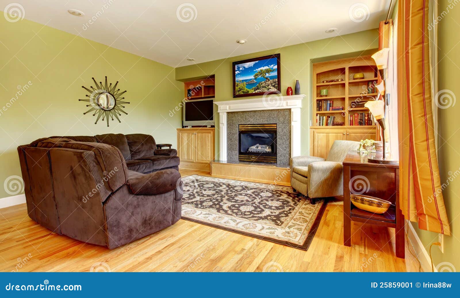 Classic Green Living Room Interior with Fireplace. Stock Image Image
