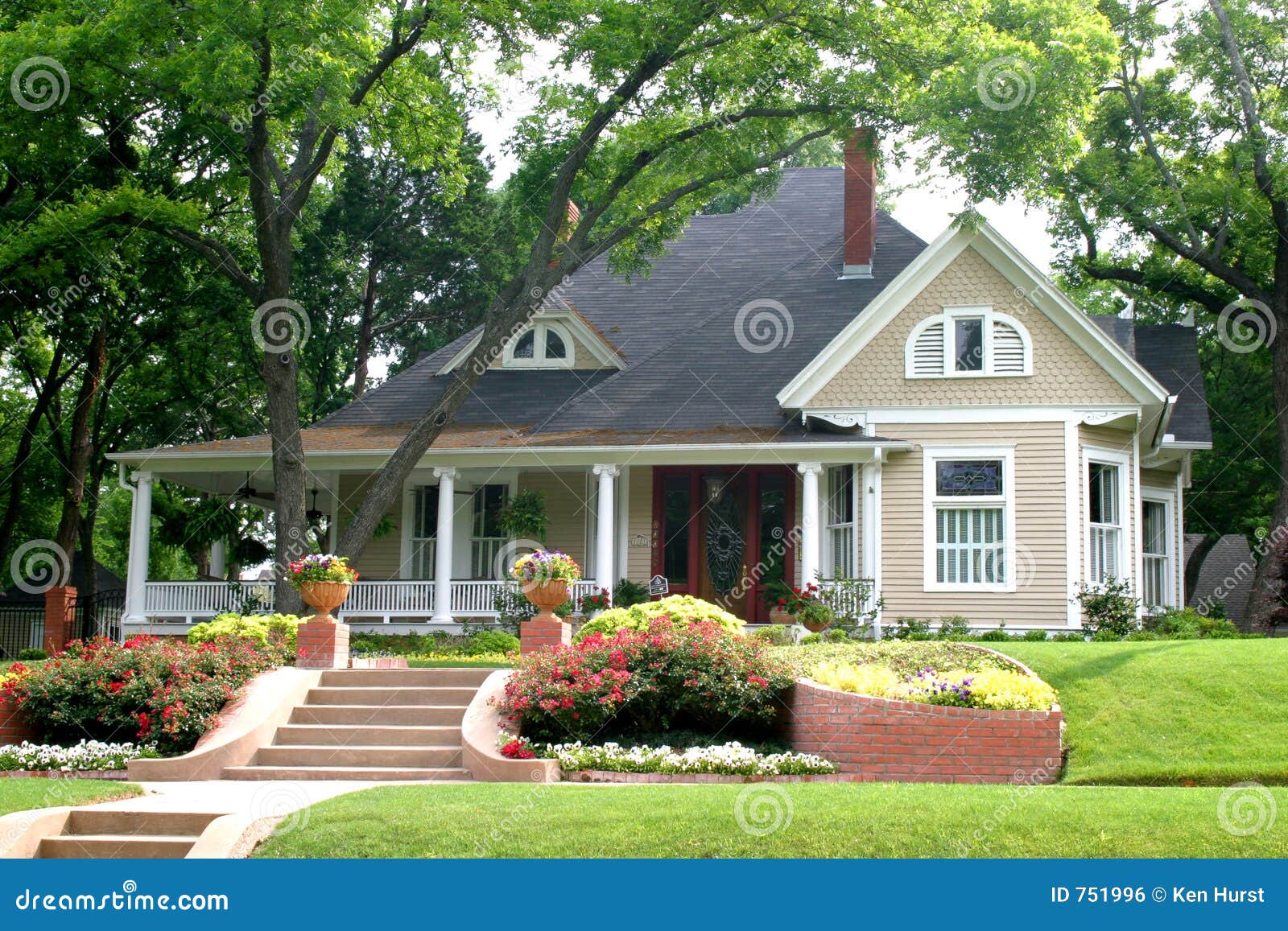 classic house with flower garden