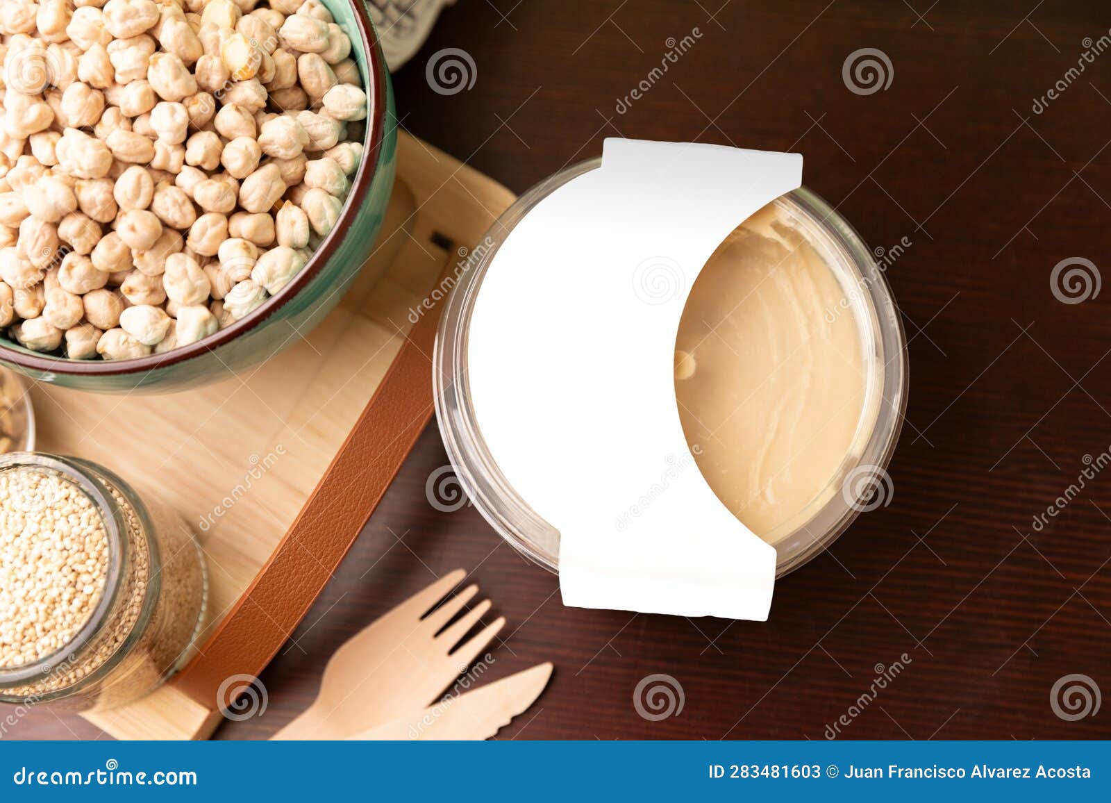 Classic Hummus Packaging Mockup on Wooden Table. Top View. Stock Image