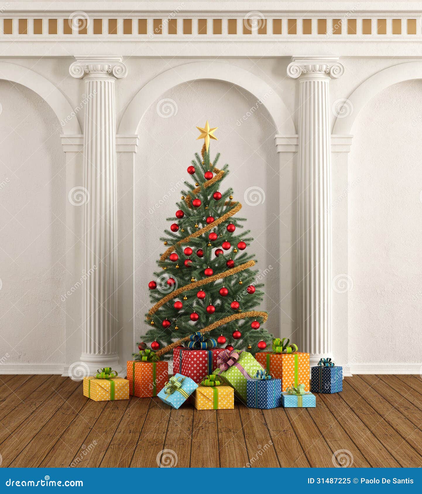 Classic Interior with Christmastree and Ionic Column Stock