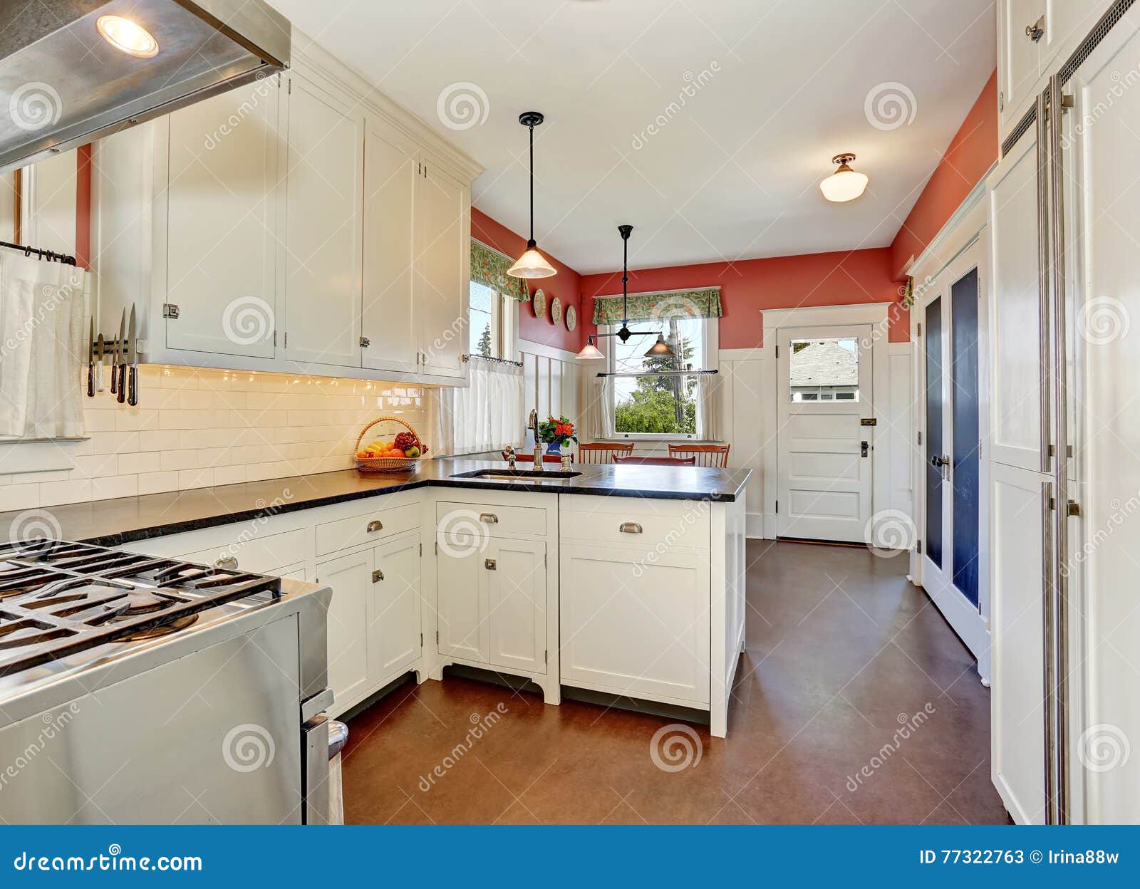 Classic Kitchen Room With White Cabinets Granite Counter Top And