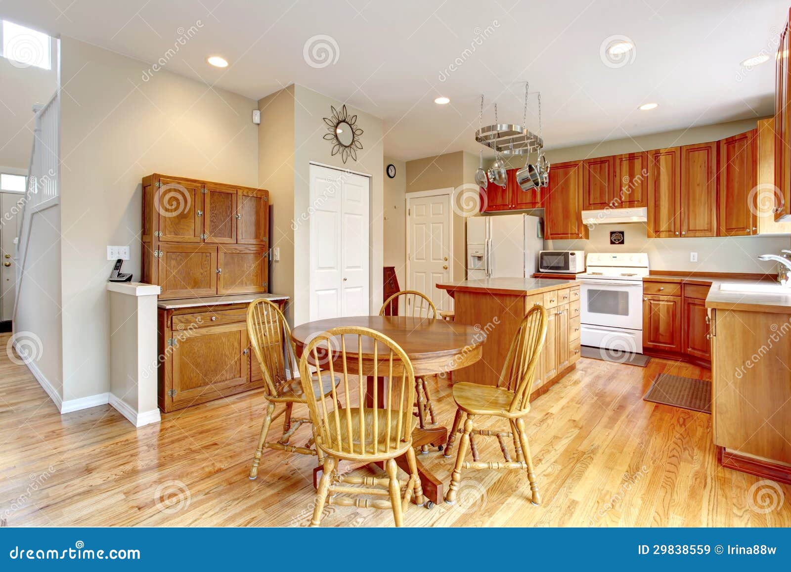 Classic Large Wood Kitchen Interior with Hardwood Floor. Stock Image