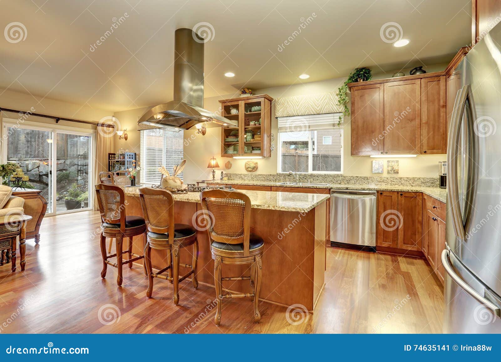 Classic Large Wood Kitchen Interior with Hardwood Floor Stock Image ...