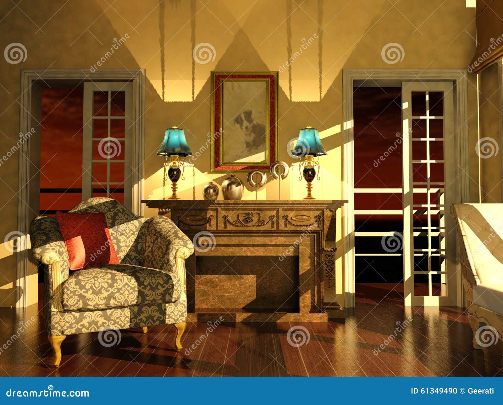 Classic Living Room Interior In Dusk Light Stock Illustration