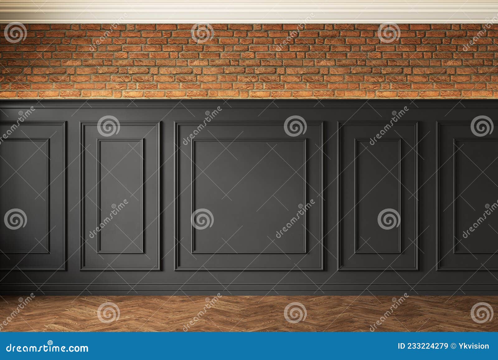 Classic Loft Interior with Black Wall Panel, Moldings and Brick Wall