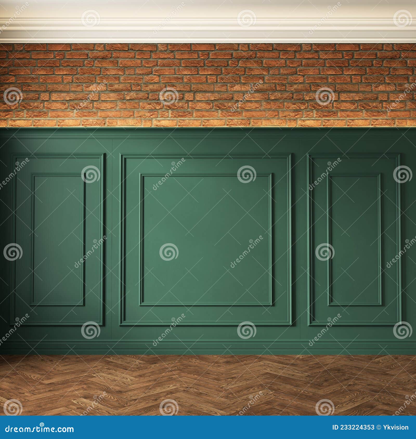 Classic Loft Interior with Green Wall Panel, Moldings and Brick Wall