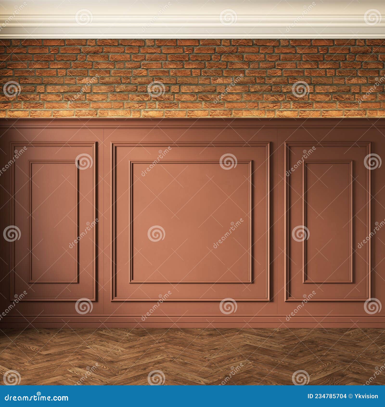 Classic Loft Interior with Orange Wall Panel, Moldings and Brick Wall