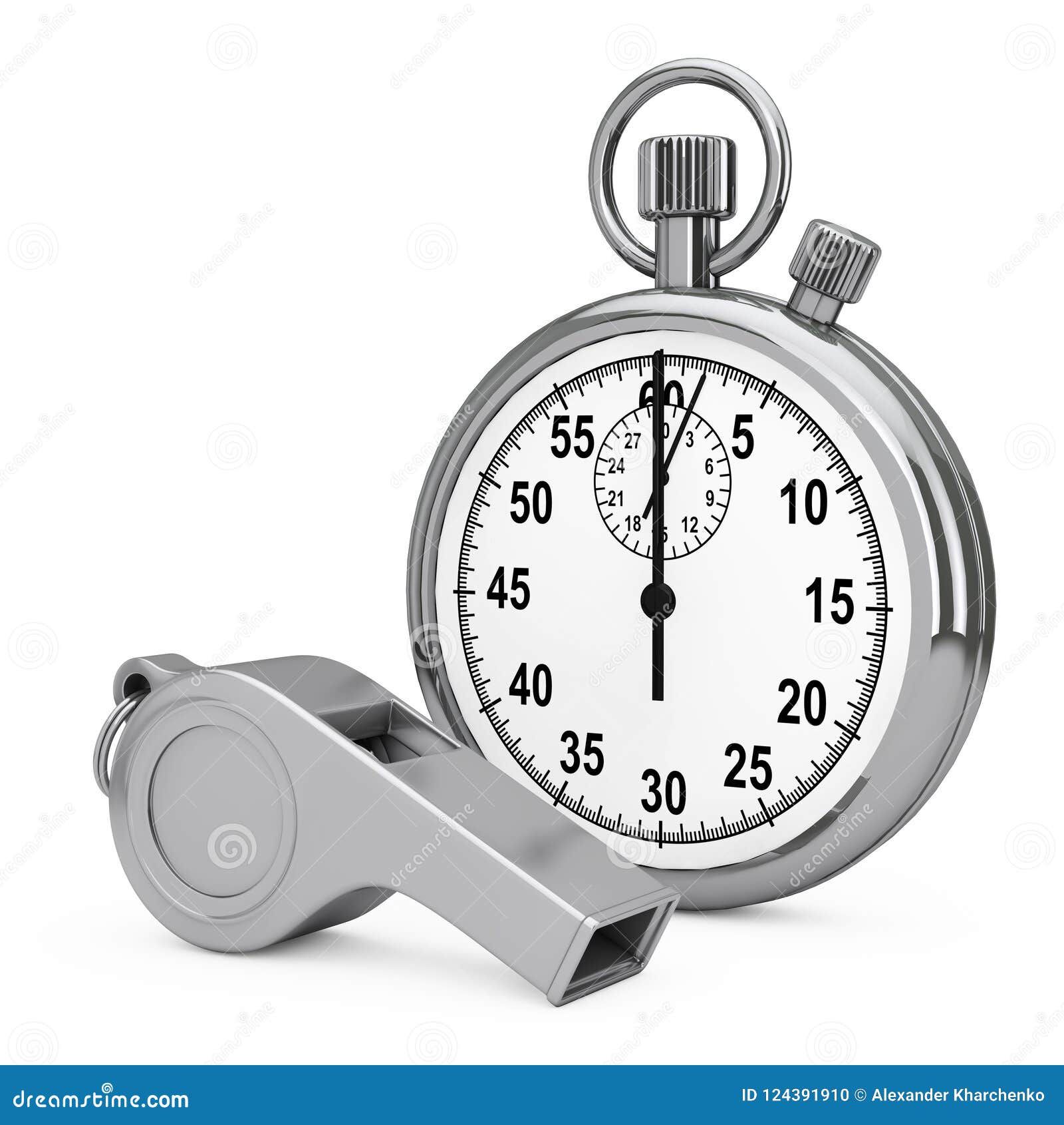 classic metal coaches whistle near chrome stopwatch. 3d rendering